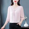 Fashion 3/4 Sleeve Chiffon Shirt Mom Summer New Solid Color Bottoming Top Versatile Age Reducing V-neck Slim Fit Blouse M-5XL