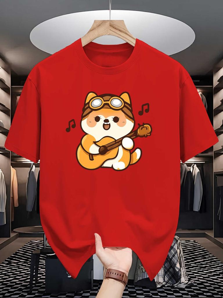 Unisex Crew Neck Tee Cute Shiba Inu Playing Guitar Graphic Print Soft Cotton Loose Short Sleeve Summer Casual Male Streetwear Tops