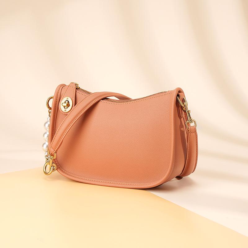 Genuine Leather Pearl Underarm French Baguette Cowhide Crossbody Bag - Trendy & Versatile Women's Shoulder Bag