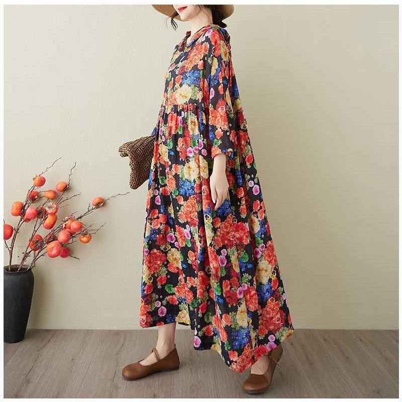 Ladies' Retro Niche Cloud Brocade Yarn Cotton Linen Hooded Printed Dress