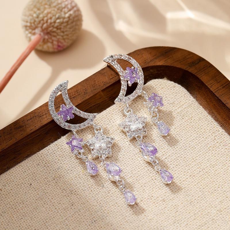 S925 Sterling Silver Crescent Moon Star Dangle Earrings Purple Zircon Multi‑tassel Sparkly Bohemian Women Party Jewelry