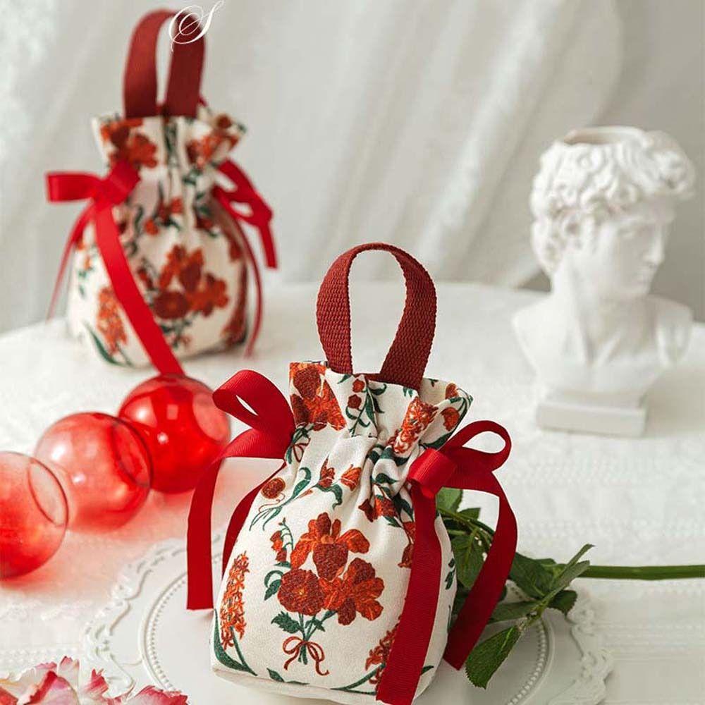 Large Capacity Small Flower Wrist Bag Floral Festive Sugar Bag Sweet Canvas Drawstring Bag Party