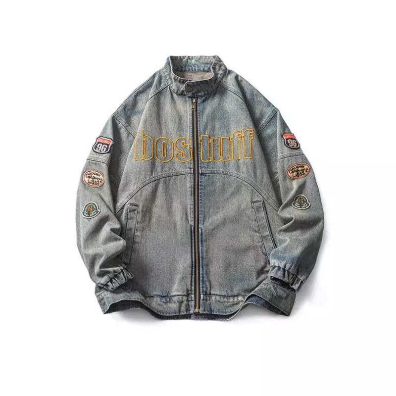 Men s Vintage Washed Denim Jacket With Custom Patch And Embroidery Detail S