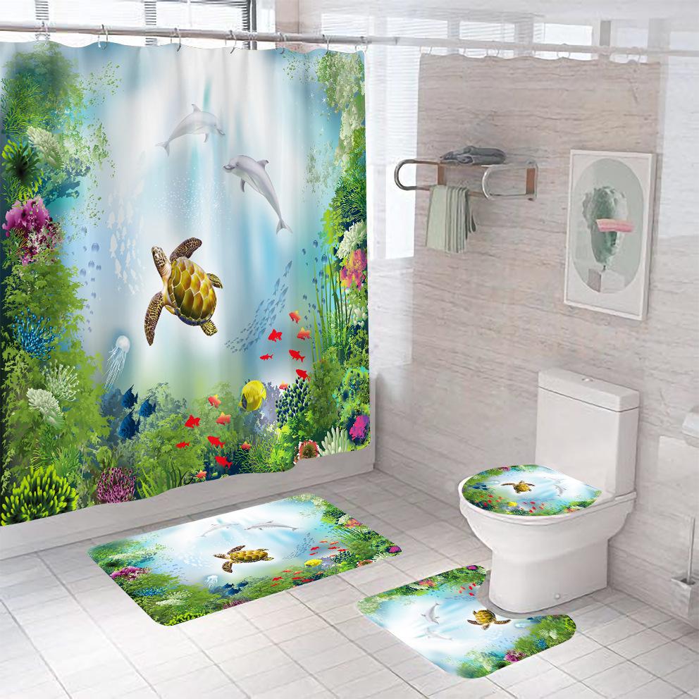 Bathroom Shower Curtain Four-piece Digital Printing Sand Underwater World Waterproof Shower Curtain Shower Curtain Partition Curtain Bath Mat