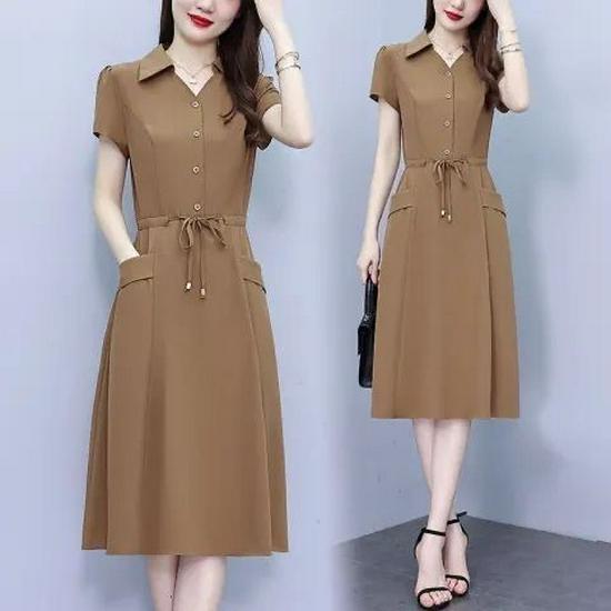 Elegant Plus-Size Short Sleeve Red Dress for Women - Waist-Slimming and Tummy-Covering Design for Middle-Aged and Elderly Ladies