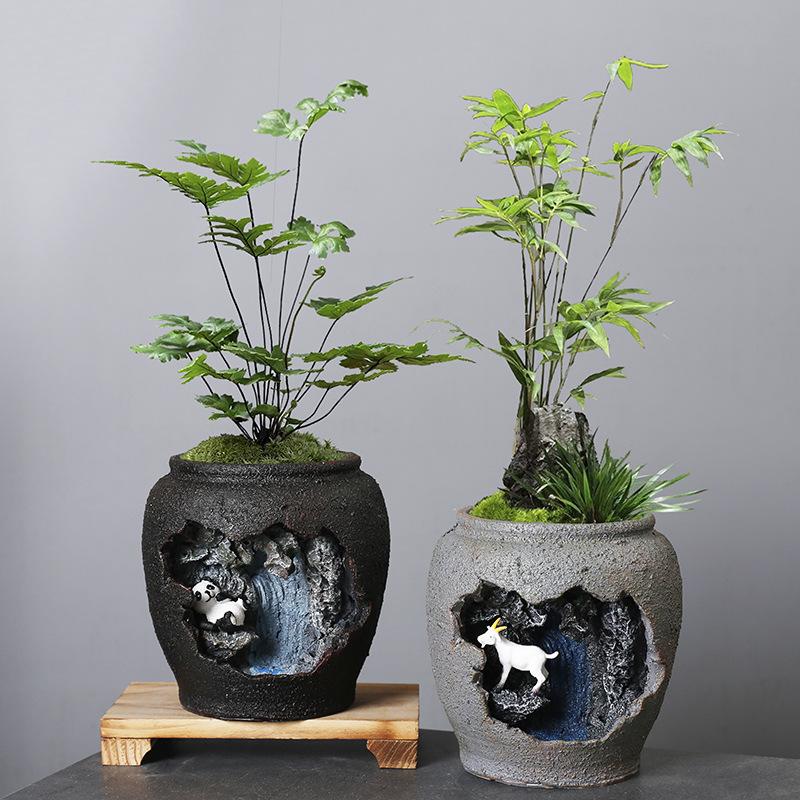 Retro Creative New Chinese Style Succulent Flowerpot Resin Landscape Decoration Desktop Indoor Balcony Potted Plant