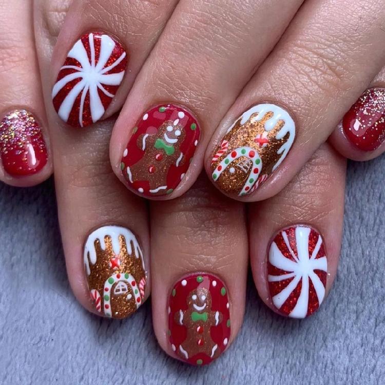 Gingerbreads Man Artificial Nails Glittering False Nails Christmas Press On Nails Candy House Stick on Nails for Winter 1