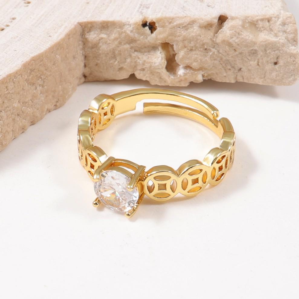 Coin Pattern Diamond Open Ring - Adjustable Light Luxury Couple Style Jewelry
