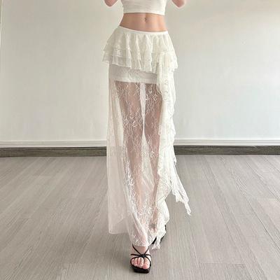 Women's Lace Mesh Skirt Y2k White Midi Skirt Elegant Bohemia Style Clothing Summer