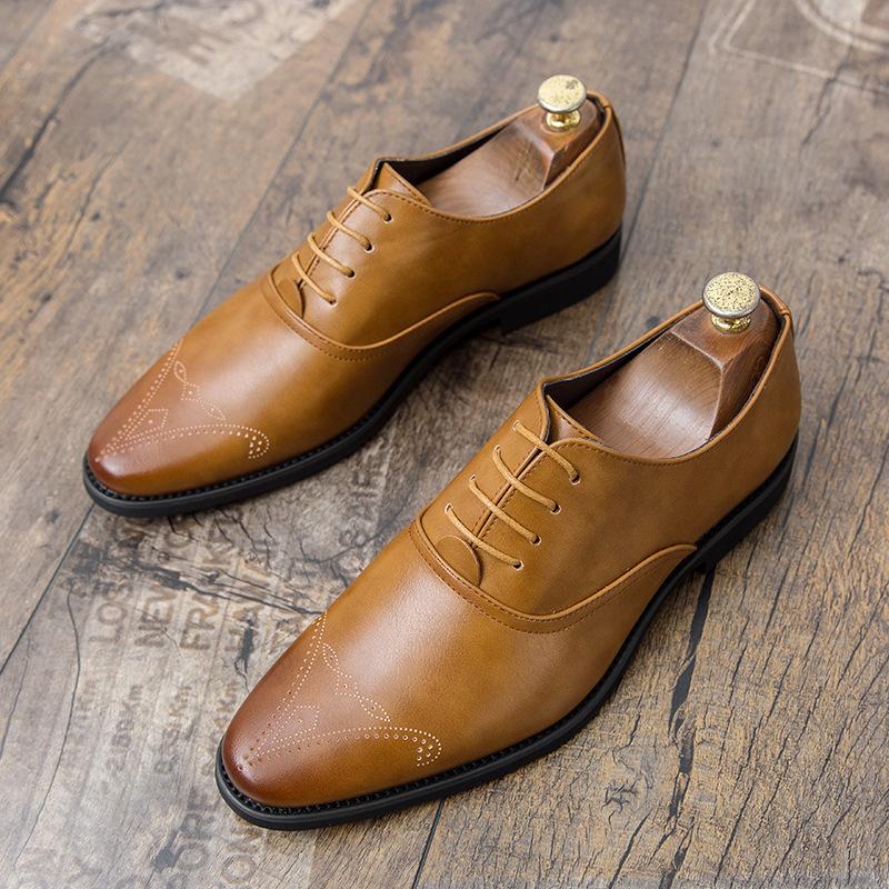

2025 new foreign trade fashion men s shoes men s shoes Korean version of British trendy shoes casual business leather shoes 46 жовтий