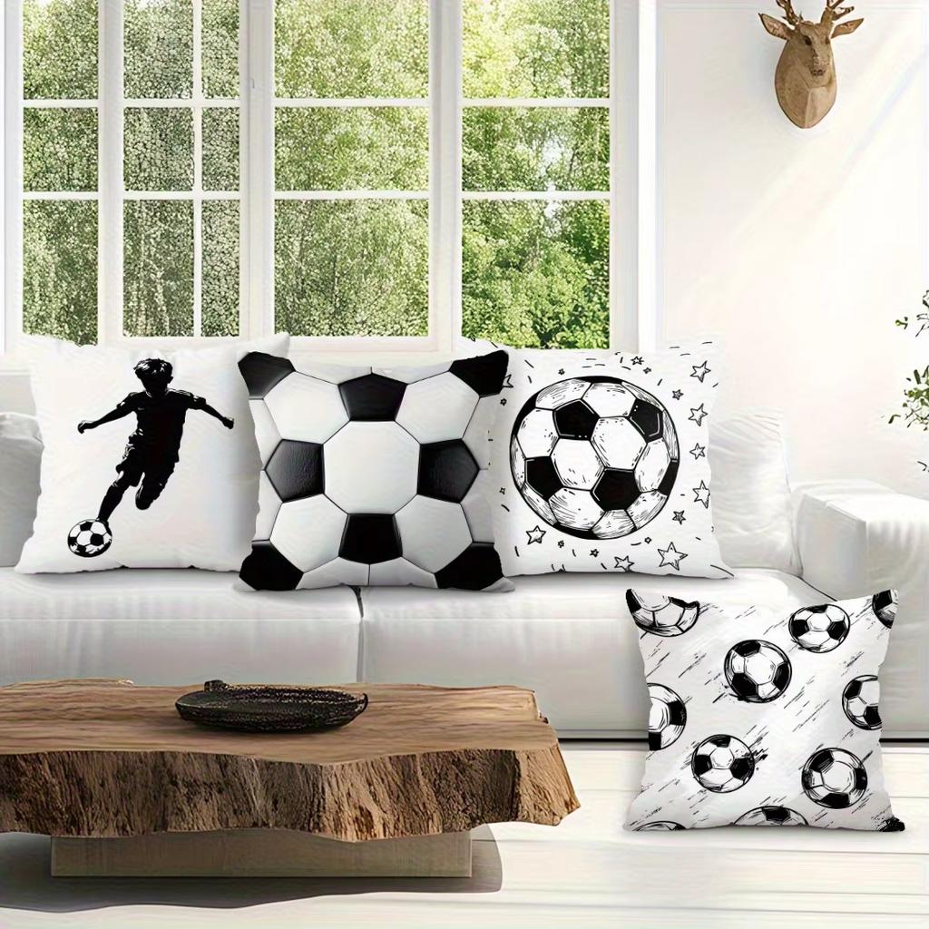 Soccer Football Pillowcase 2D Flat Printed Peach Skin Pillow Cover Black White Sports Theme Cushion Case for Boys Bedroom Sofa