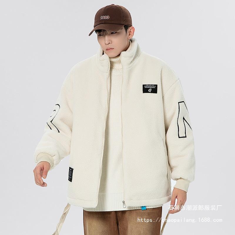 Lamb wool jacket men's new fashion embroidered granular fleece couple autumn and winter sweater loose thickened warm cotton-padded coat