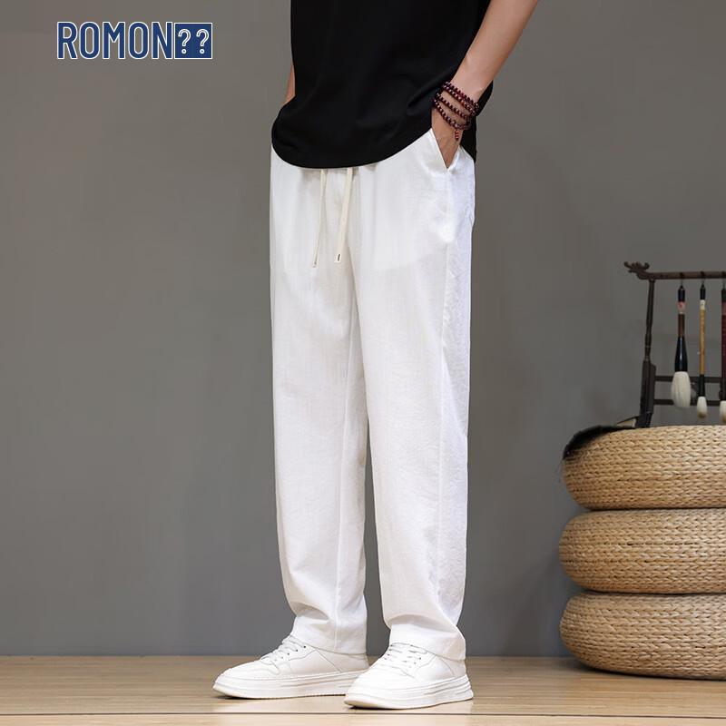 ROMON Men s Chinese Style Ice Silk Straight Cropped Casual Pants L