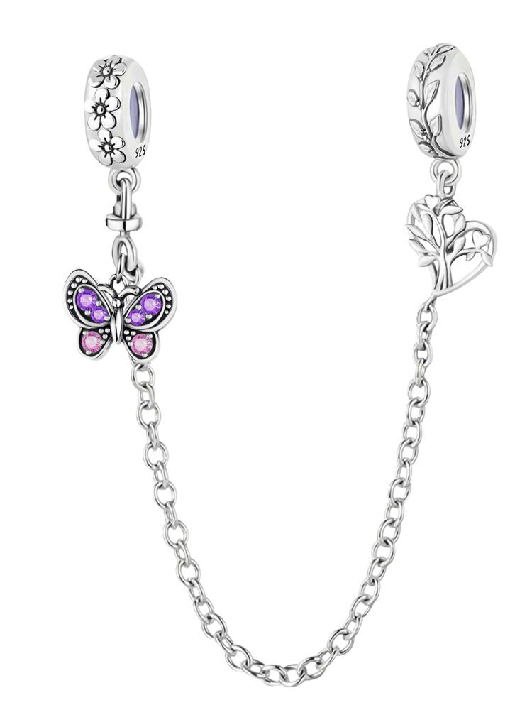 Copper Purple Series Love Heart Flower Safety Chain Charm Beads Fit Original Pan Bracelets Bangles Jewelry Gift