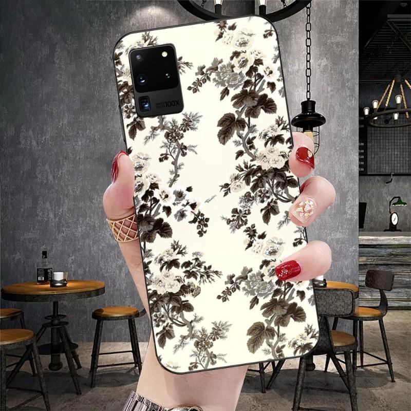 Kryt na telefon s motivem vintage květin pro Samsung Galaxy S6 S7 S8 S9 S10 S21 S22 Plus, ultra měkký, černý