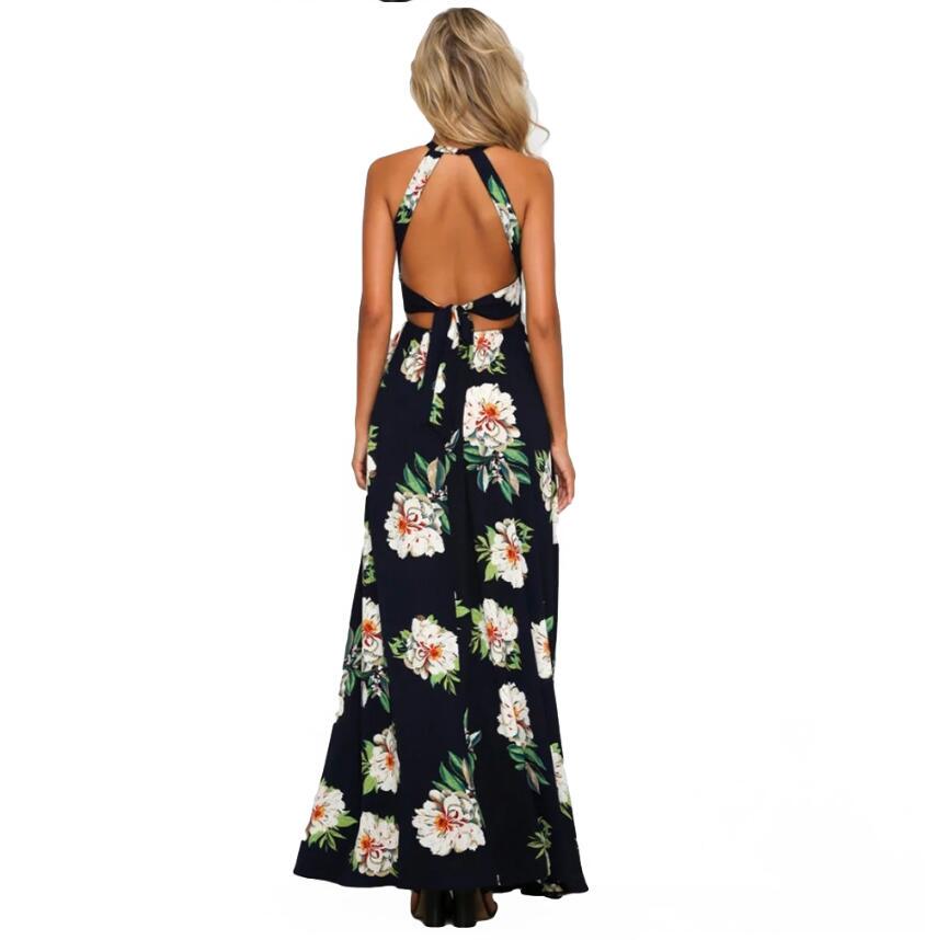 Women Halter Neck Chiffon Dress Floral Print Sleeveless Split Backless Long Dress Boho Dress