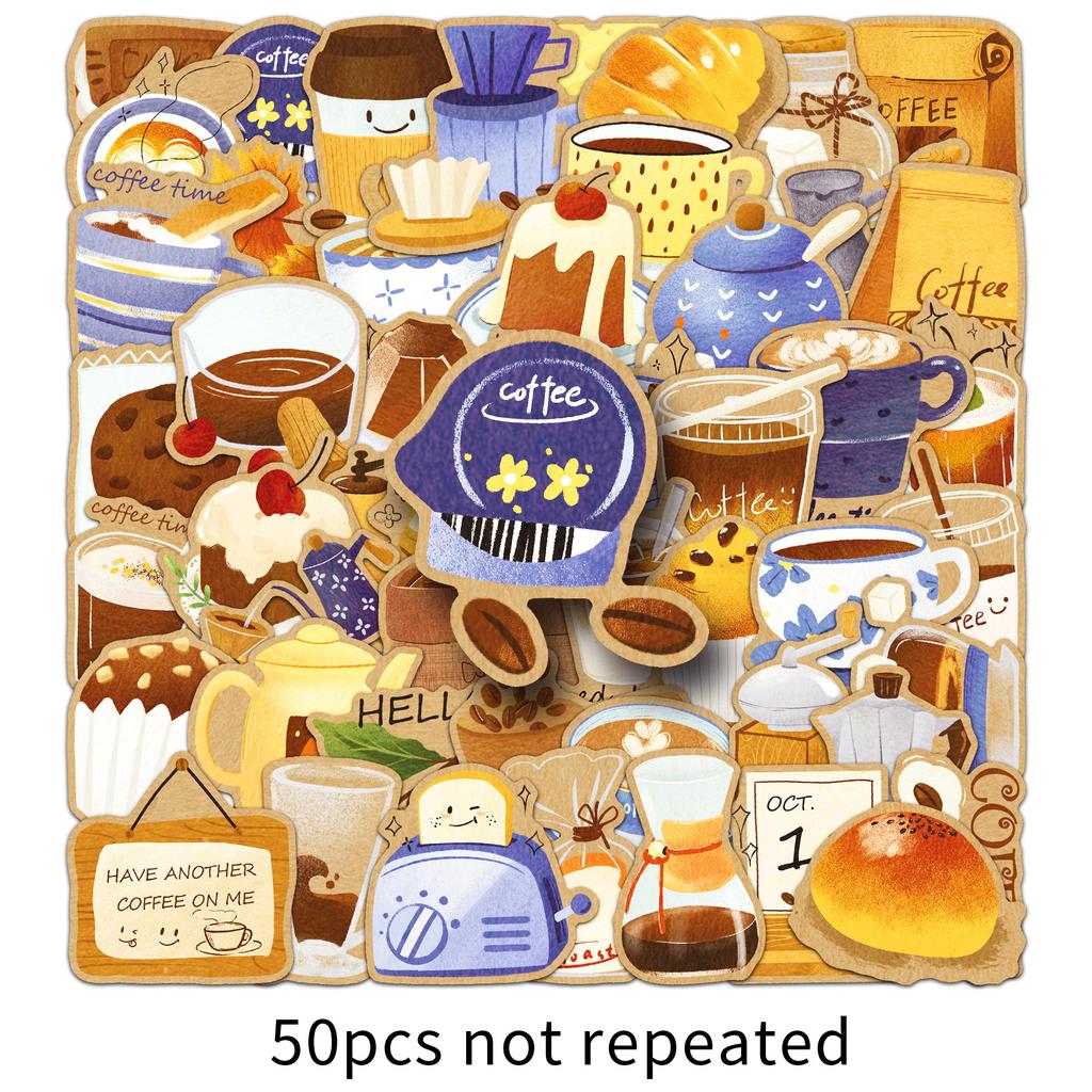 50 Creative Coffee Stickers Cartoon Hand-painted Small Fresh Decorative Mobile Phone Case Water Cup Sealing Sticker Hand Account Sticker