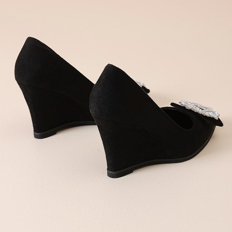 Fashion Wedge Black Single Shoes Women 2025 Spring New Fashion Rhinestone Pointed Toe Shallow Mouth Soft Sole High Heels