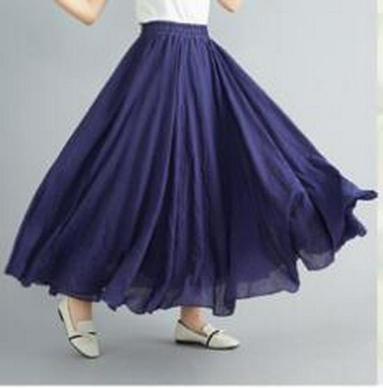 Women's Plus Size Cotton Linen Midi A-Line Skirt with Elastic Waist In 20 Colors
