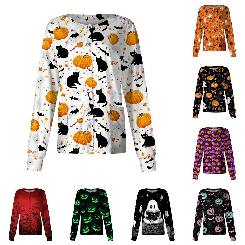 Women Casual Long Sleeve Single Breasted Cardigan Halloween Print Nurse Workwear Top Lightweight Button Up Shirt