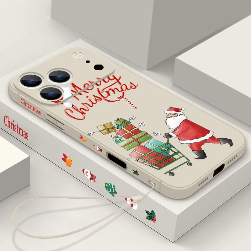 Cute Santa Claus Pattern TPU Soft Silicone Case For iPhone 17 Pro Max 16E 16 15 14 13 Pro Max 12 Pro 11 Shockproof With Lanyard Phone Cover Fundas