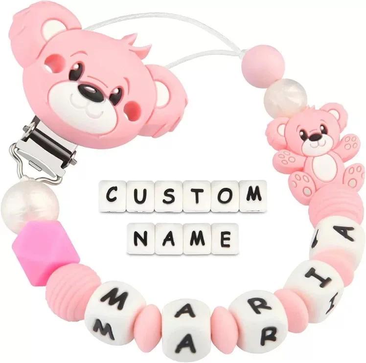 Bebé Personalizado Silicona Nombre Oso de Dibujos Animados Accesorios para Recién Nacidos Cadena para Chupete Juguete para Morder Juguete de Dentición Cadena para Portachupetes