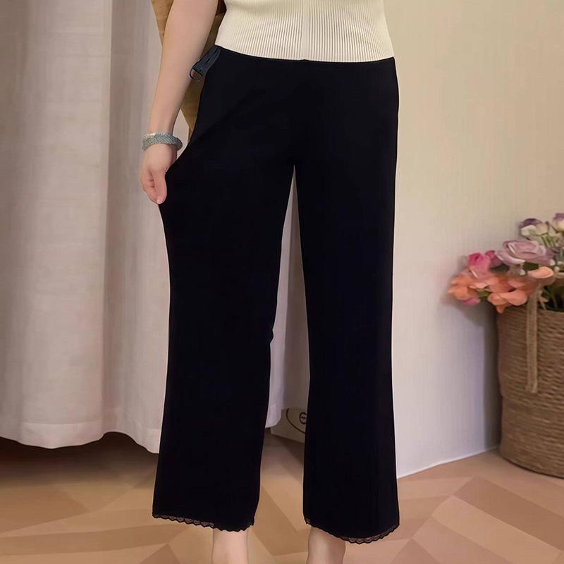 Petite Maternity Lace Patchwork Black Casual Pants - Elastic, Straight Leg for Spring/Summer 2026. Double Extra Large