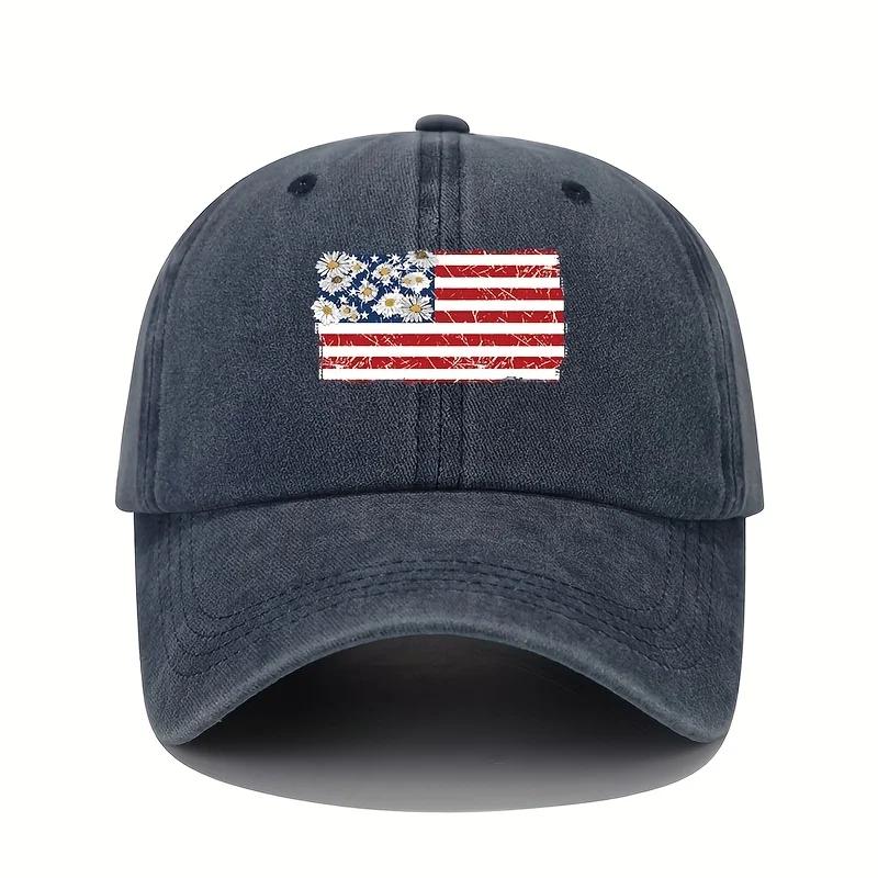 Retro American flag print baseball cap with sun protection and patriotic design for men and women to wear all seasons