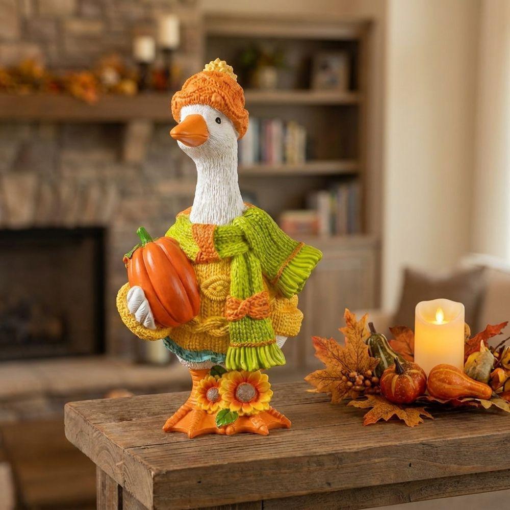 Rustic Style Autumn Pumpkin Duck Ornament Colorful Duck Figurine Goose Statue Lawn Ornament  Yard