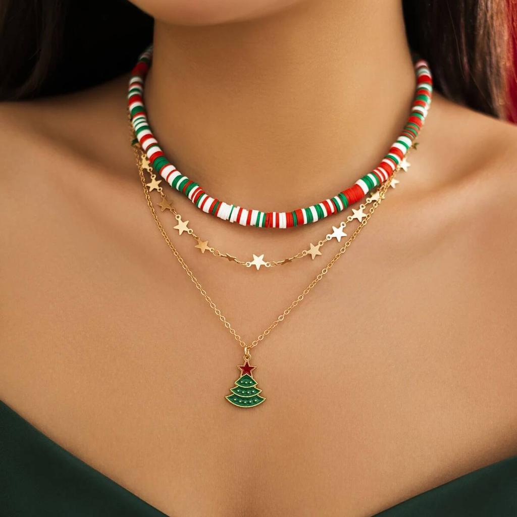 KunJoe 3Pcs/Set 2026  Christmas Tree Snowman Pendant Necklace Women Polymer Clay Red Green Beaded Choker Christmas Gift