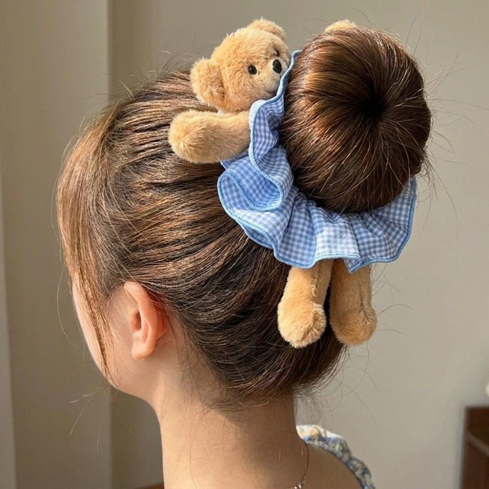 High Elasticity Plush Bear Scrunchies Cute Hair Rope Gift Plaid Ponytail Holder Daily