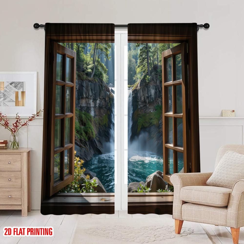 2D flat printing 2pcs Curtain forest 3 Blackout Polyester Spring Party & Holiday Decor Use for Living Room, Outdoor Decor
