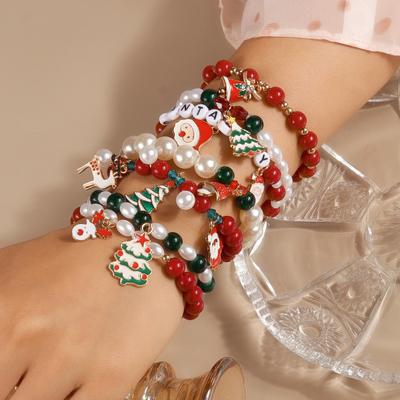 European & American Christmas Charm Bracelet with Santa, Tree, & Reindeer Beads