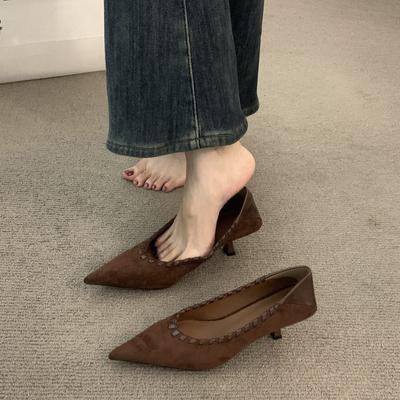 Fine Heel Temperament Suede Small Leather Shoes Autumn Coffee High Heel Pointed Commuter Shoes