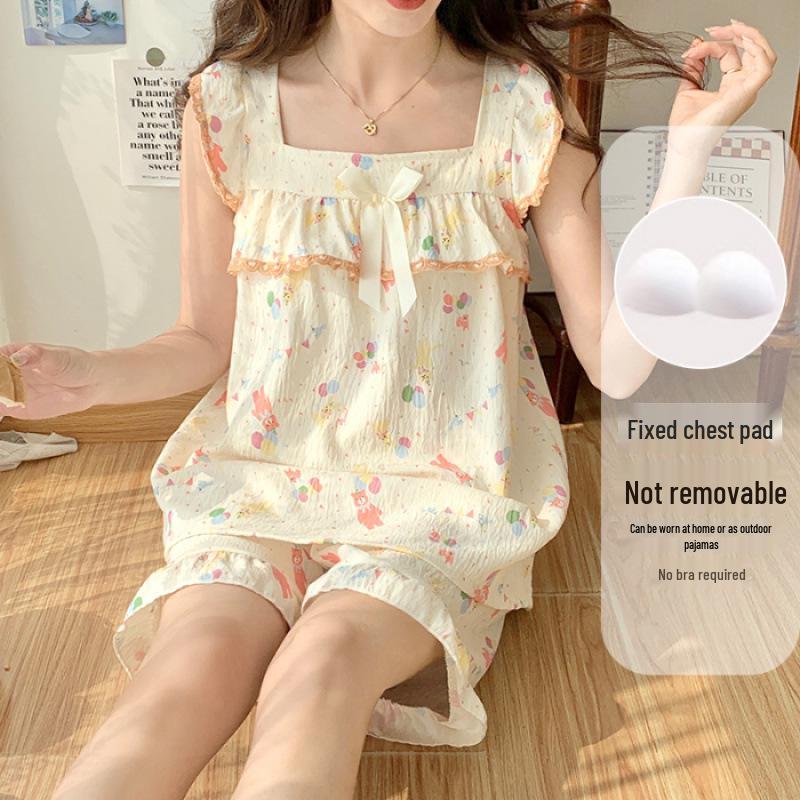 Women's Cloud Cotton Camisole Pajamas with Built-in Bra - Summer Sweet Style, Two-Piece Shorts Set, Wear Indoors or Out.