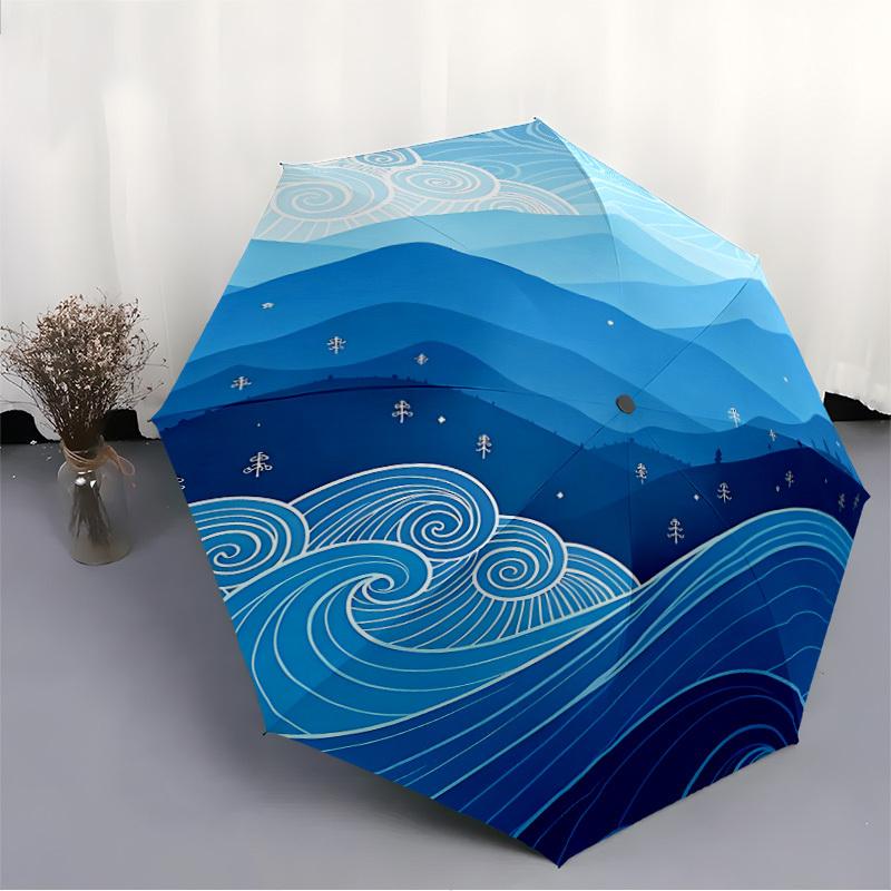 1pc Ocean Waves Automatic Open/Close Umbrella with One-Touch Button, Compact Folding Canopy, Sturdy 8-Rib Windproof Design