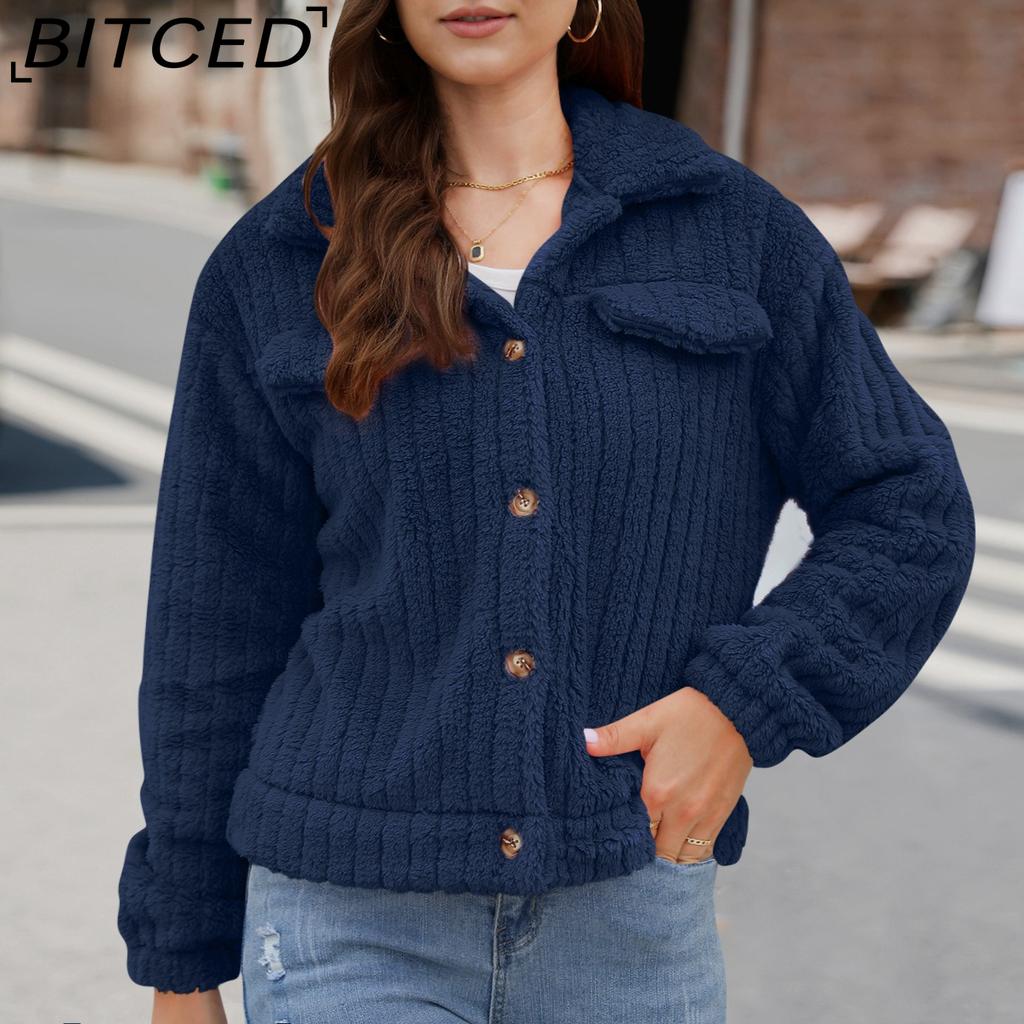 BITCED Women's Fall/Winter Ribbed Fleece Cardigan with Collar, Short-Length Jacket