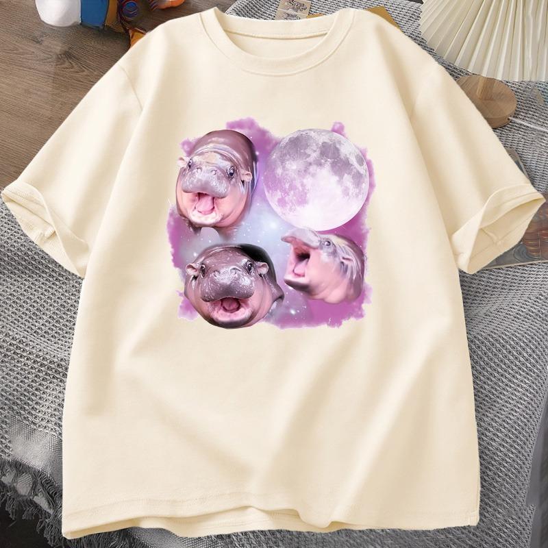 Three Moo Deng Moon Tshirt Unisex WOMEN Fuuny Cartoon Cute Moodeng Tshirt Cotton Short Sleeve O Neck Unisexs WOMEN Clothing Tops