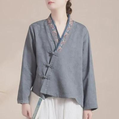 Women's Vintage Chinese Embroidered Cotton Linen Long Sleeve Hanfu Top