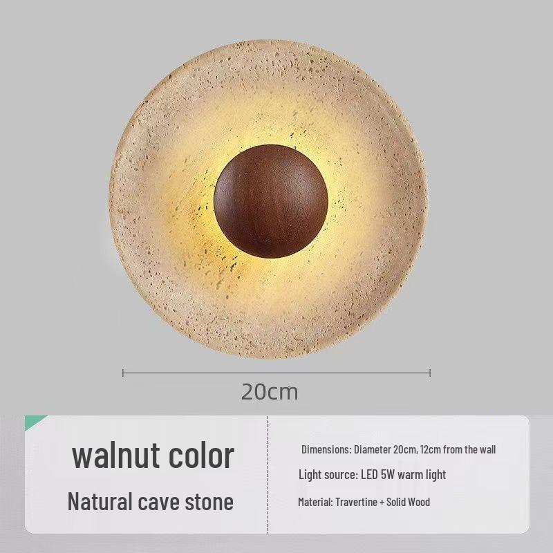 Japanese Wabi-Sabi Style Wall Lamp, Yellow Travertine Round, for Bedrooms, Restaurants, and Hallways