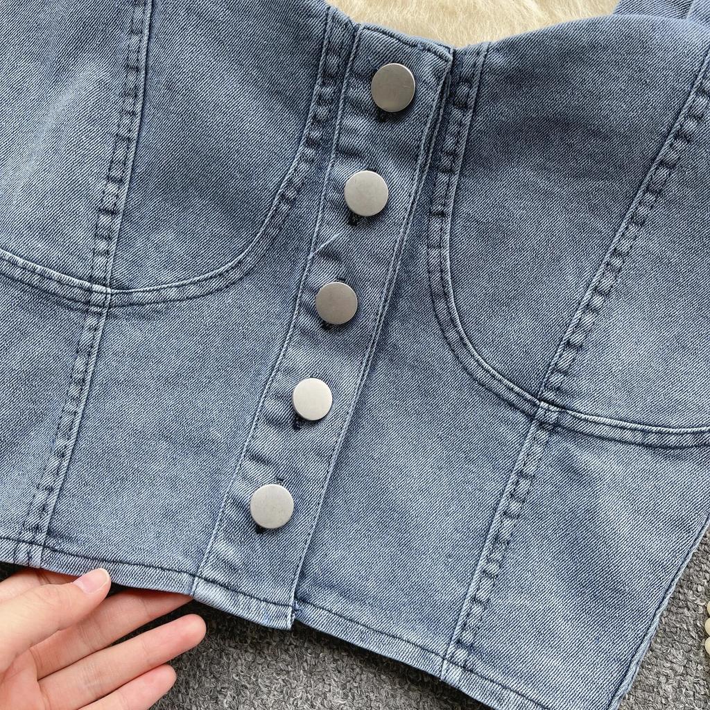 Hongkongský styl Retro Džínový top Dámský Design Jednořadé Slim fit Krátký Pupík Sexy Gyaru Sle Cami Móda