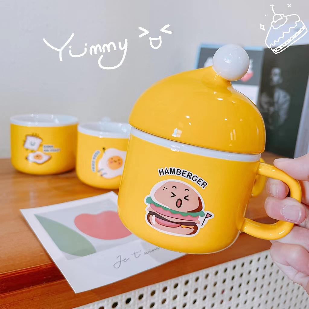 Mug Breakfast Cute Creative Hamburger Ceramic Cup with Lid Toast Fried Egg Cartoon High Value Gift