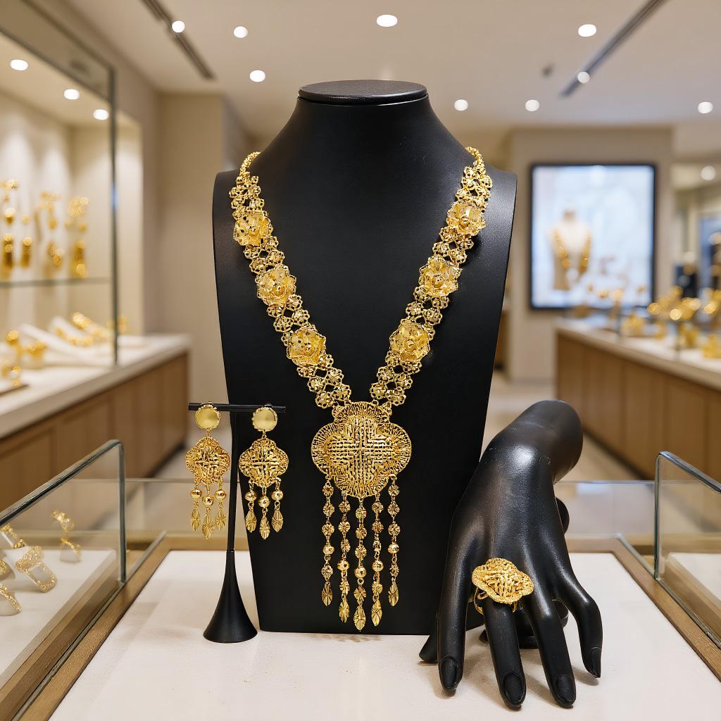 Luxury Vintage Floral Tassel Necklace, Earrings & Ring Set from Dubai