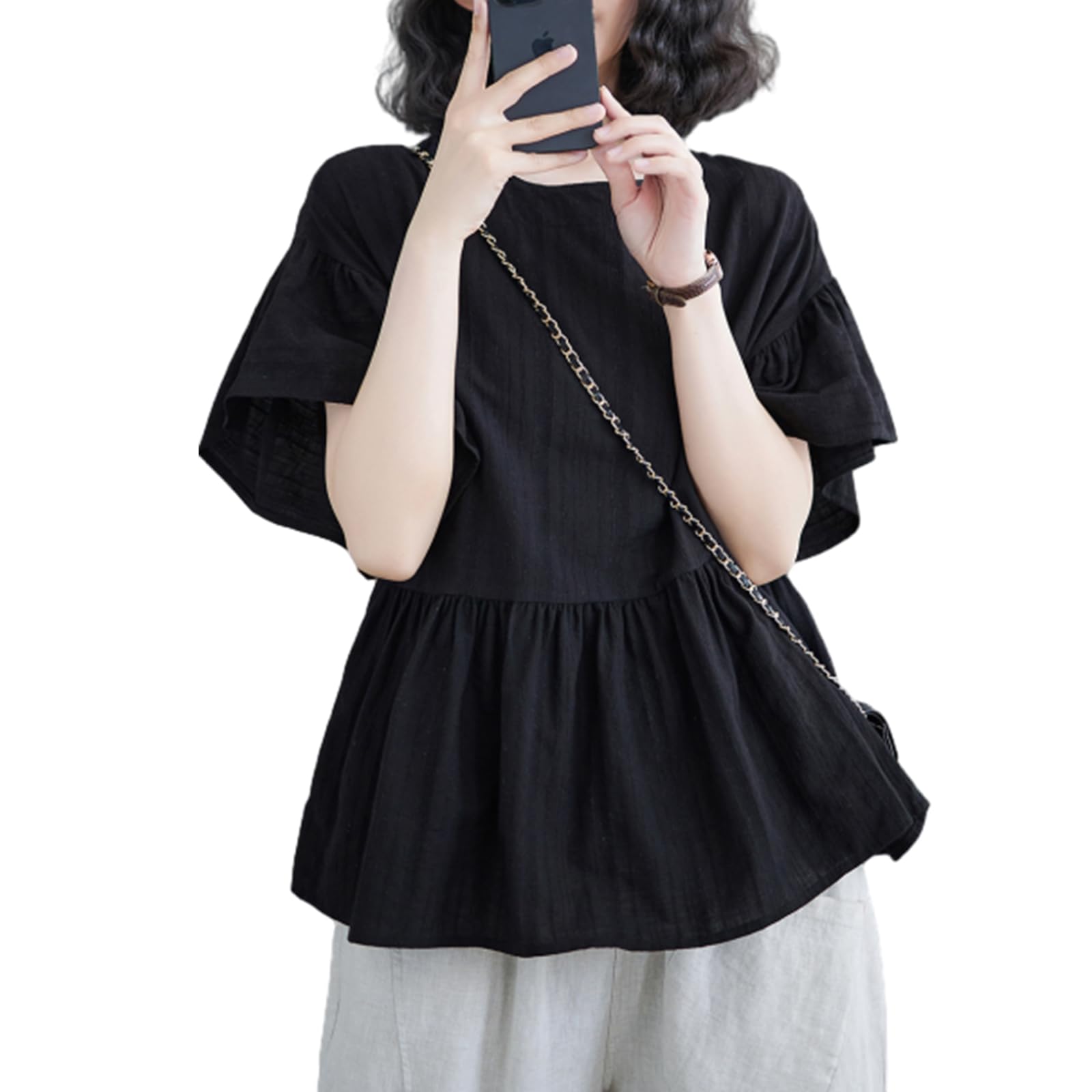 

Короткий расклешенный свободный крой Взрослый Повседневный Летний [JoccKorr] Женские футболки, Топы, Блузки, Рукава, Рукава, Однотонный, Посадка, Повседневный, Стройнящий, Тонкий, чёрный