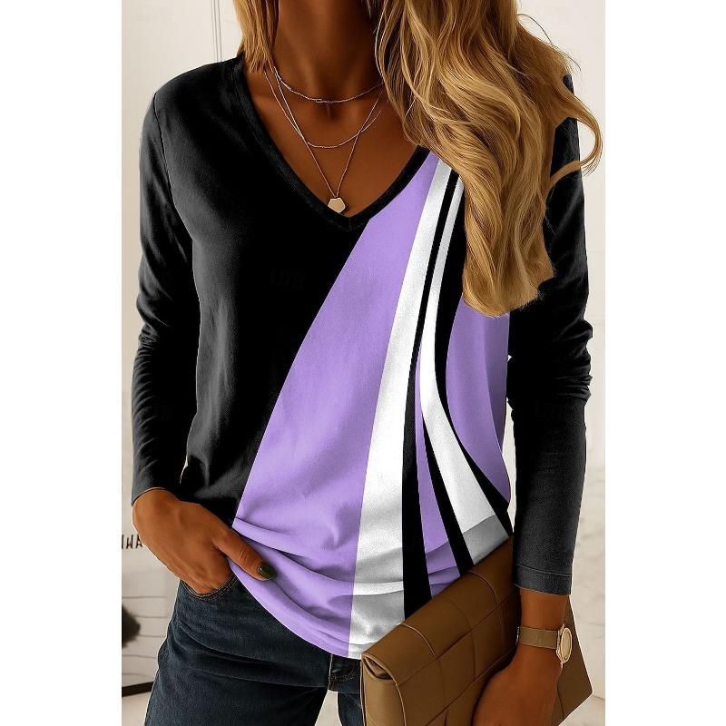 

Жіноча футболка Класичний графічний геометричний елегантний модний топ з довгим рукавом Футболки V-подібний виріз Звичайні топи Пуловер Осінь Зима 5XL