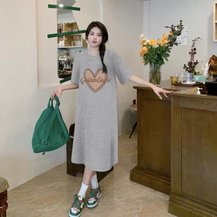 YYFS Women's Fashion Summer Spring Love Letter Print 1/2 Sleeves O-Neck Loose Waistline Casual Dresses