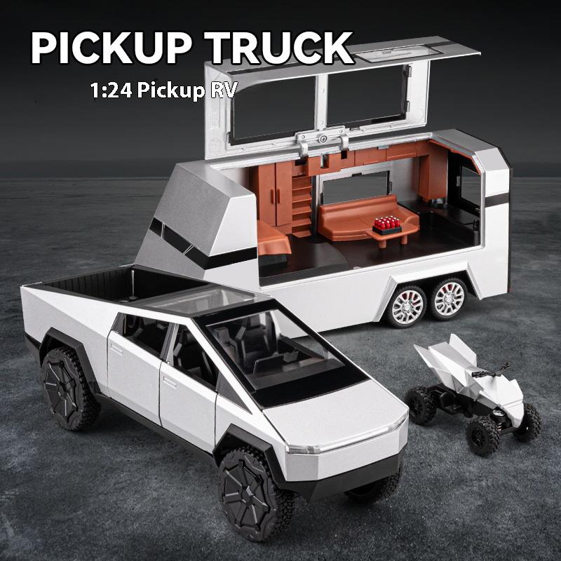 1/32 Scale Tesla Cybertruck Pickup Trailer RV Metal Alloy Toys Car Model Diecast Off-road Vehicle Gift for Boys Kids Collection Truck Ornaments