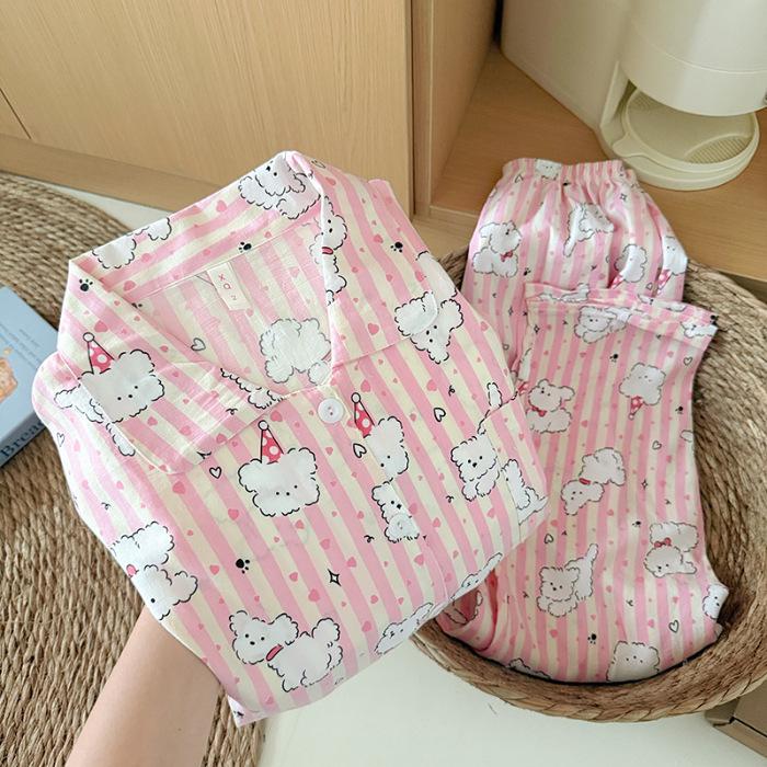 Women's Spring & Fall Cloud Cotton Pajama Set - Lightweight, Sweet Doll Collar, Long Sleeve & Pants with Prints.