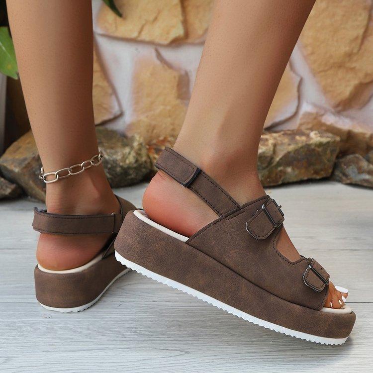 Large size thick-soled one-word double-breasted with sandals, summer new comfortable Velcro women's shoes