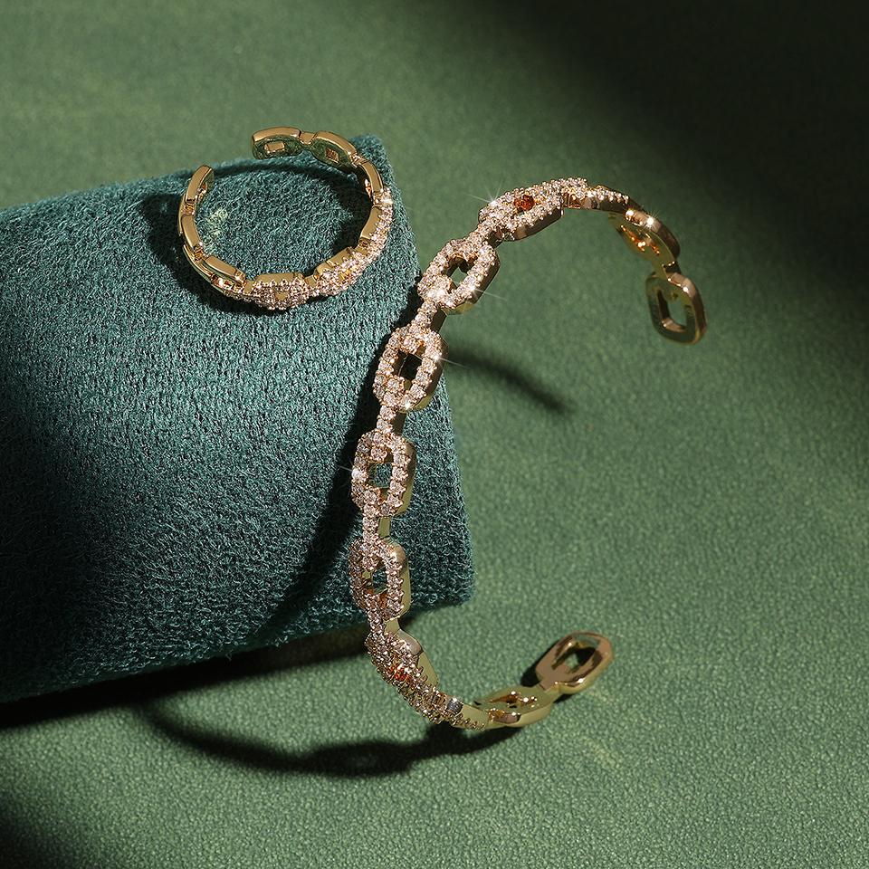 Yupsk 2 Pieces Hollow Square Shiny Zircon Chain Bracelet Rings for Women Shiny CZ Crystal Cuff Bangle Wedding Jewelry